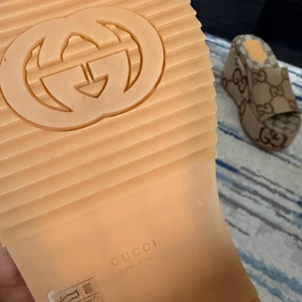 Gucci Beige Brown GG Canvas Platform Slide Sandals